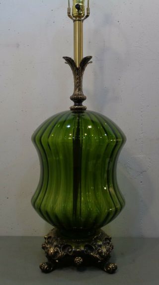 Vtg Mid Century Modern Green Ribbed Glass Table Lamp 1960 