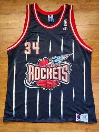 Vintage Mens Champion Houston Rockets Hakeem Olajuwon Pinstripe Jersey Size 48