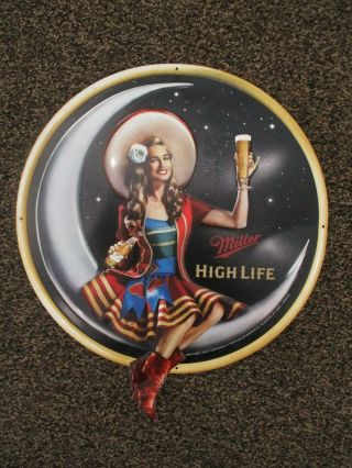 Miller High Life Girl On Moon 16 " Round Tin Sign