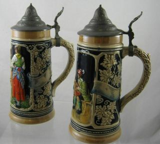 2 Vintage German Style Ceramic Beer Steins Pewter Lid