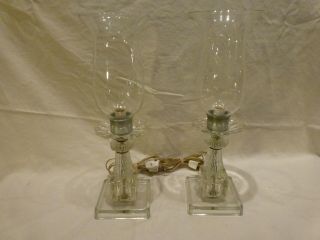 Vintage Pair Set Of 2 Hurricane Mantel Table Lamps Glass Crystal Etched Shades