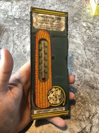 Vintage Iowa Hybrids Seed Corn Glass Thermometer - Jasper Overland Jewell Iowa