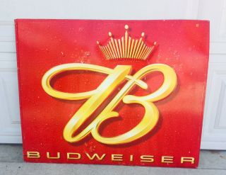 Vtg Budweiser Beer Crown Logo Embossed Metal Display Sign Large 35.  5” X 28.  5”