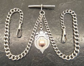 Antique Silver Curb Link Double Albert Pocket Watch Chain & Fob.  By F.  W.  C.
