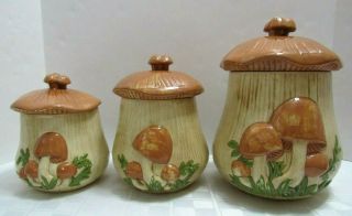 1978 Vintage Ceramic Hand Painted Mushroom 3 Piece Canister Set Arnel 