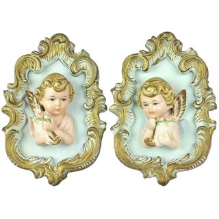 Pair Vintage Porcelain Cherub Angel Plaques,  Blue Gold Baroque Frame,  Made Japan