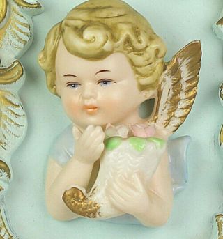 Pair Vintage Porcelain Cherub Angel Plaques,  Blue Gold Baroque Frame,  Made Japan 3