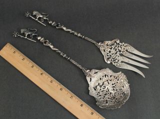 Antique Continental 800 Silver Lion & Nude Mermaid Serving Fork & Spoon