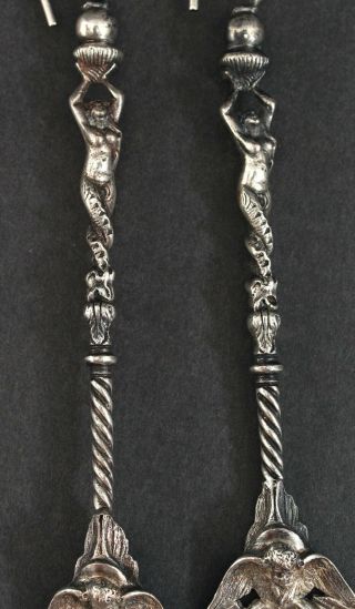 Antique Continental 800 Silver Lion & Nude Mermaid Serving Fork & Spoon 3