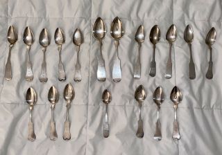 19 ⚡️rare⚡️ Antique Coin Silver Fiddle Back Large Tablespoons Serving Spoons Etc