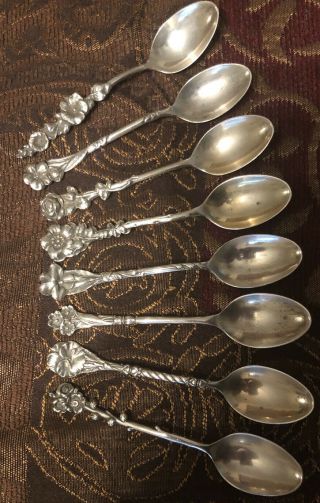 7 Antique Reed & Barton Sterling Silver “demitasse” Unique Floral Spoons.  4”