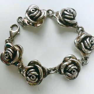 Vintage Sterling Silver Bracelet Roses Puffy Link 25 Grams 8” 925 Lobster Clasp