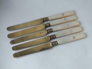 Matched Set Of 5 French Silver Gilt & Mop Handles Dessert Knives C.  1880