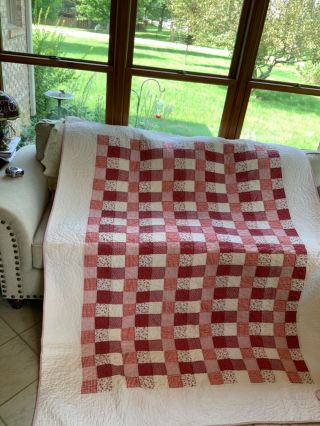 Vintage Set Of 2 Twin Patchwork Reversible Quilts In Red And White 66” By 82”