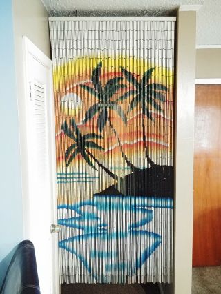 Vintage Wooden Bead Hanging Door Curtain Room Divider Palm Trees Sunset Painted