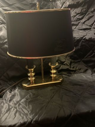 Vintage Polished Brass Bouillotte Double Black Candlestick Table Lamp W/ Shade