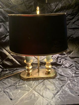 Vintage Polished Brass Bouillotte Double Black Candlestick Table Lamp w/ Shade 2