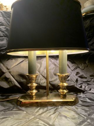 Vintage Polished Brass Bouillotte Double Black Candlestick Table Lamp w/ Shade 3