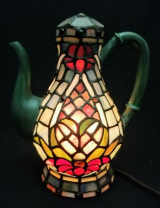 Vintage Tiffany Style Lamp Tea Pot Kettle Figural Stained Glass Table Light