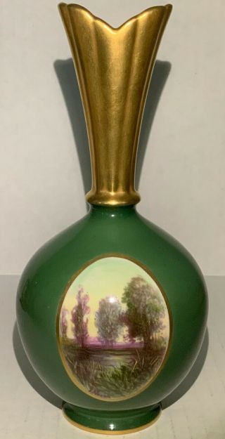 Vintage Lenox Porcelain Vase,  Green & Gold,  Oval Landscape By H John Nosek