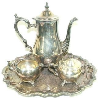 Silver Tea Set Vintage Tea Pot.  Creamer,  Sugar Bowl With Cover,  Tray,  All Matchin