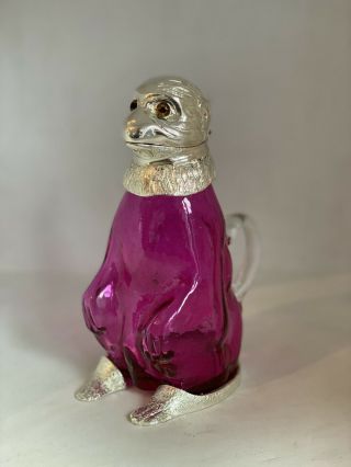 Claret Pink Glass & Silver Plated Monkey Decanter Animal Claret Jug Silverplated