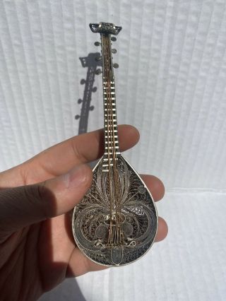 Antique Sterling Silver Judaica Violin Spice Box Mandolin Filigree