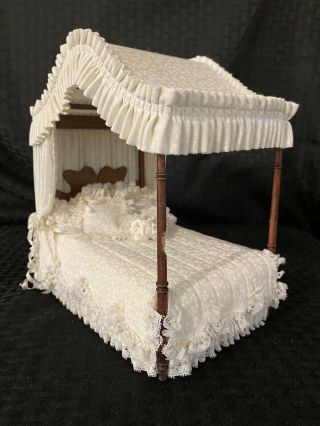 Miniature Dollhouse Handmade Bed With Canopy Bedding And Pillows Joan K Tucker