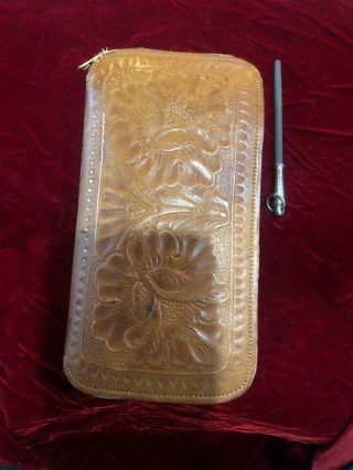 Vintage Brown Leather Fly Fishing Wallet With About 80 Flies And Sharpener 3