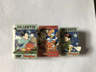 Dlr Set Of 3 Happy Halloween 2001 Pumpkin Carving,  Mickey W/bats,  Minnie Witch L