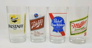 4 Vtg Beer Glass Pbr Schlitz Falstaff Miller High Life Barware Arcoroc Glasses