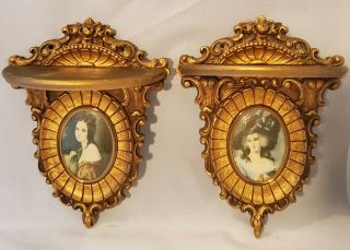 Pair Vintage Hollywood Regency Ornate Gold Cameo Creations Wall Sconces