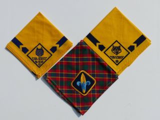 3 Vintage Cub Scout Bsa Neckerchiefs 2 Yellow Cub Scout & 1 Webelos Plaid