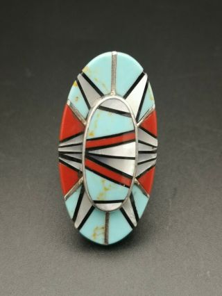 Vintage Signed S&a 925 Silver Turquoise Coral Native American Zuni Ring 20g