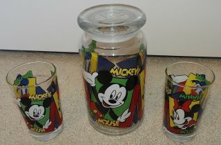 Disney Minnie Mickey Mouse Donald Glass Candy Jar W/ 2 Matching Juice Glasses