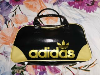 Vintage Style Adidas Black Gold Glossy Duffle Gym Bag M