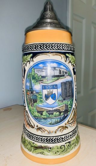 Rare 1862 German Gerz Beer Stein Pewter Lidded - Froh Beim Bier - Das Lieben Wir
