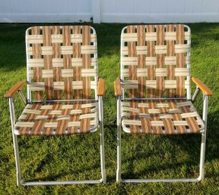 2 Vintage Matching Aluminum Folding Lawn Chairs Wood Arm Rests Webbed Brown
