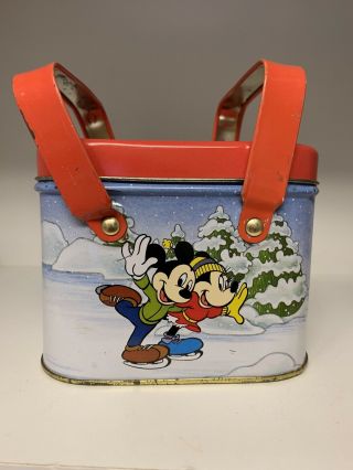 Walt Disney Mickey Mouse Christmas Ice Skating Tin Lunch Box Red Handle Picnic