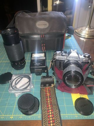 Vintage Canon Ae - 1 Slr Camera Case Bundle 2 Lens Sigma Albinar Macro Telephoto