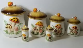 Vintage Mushroom Ceramic Canister Set Of 4 Sears Roebuck & Shakers 1983