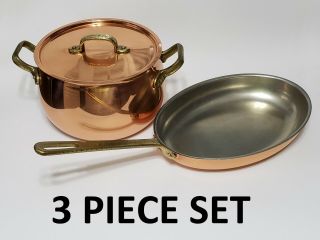 3 Pc Tagus Chef Copper Cooking Set - Vintage Made In Portugal,  Pot W/lid & Pan,