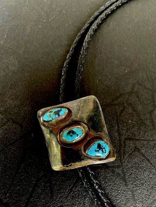 Old Vintage Native American Navajo Turquoise Sterling Bolo Tie Silver Tips