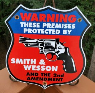 Vintage Old Since 1852 Protected By Smith And Wesson Porcelain Gun Sign Ammo