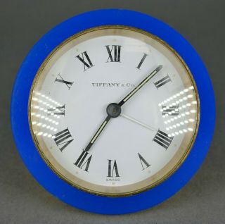 Vtg Swiss Tiffany & Co 15 Jewels 8 Day Gilt Gold Blue Face Travel Alarm Clock