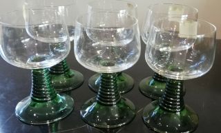6 X Green Beehive Stem Base Roemer Wine Glasses Goblets Vintage German