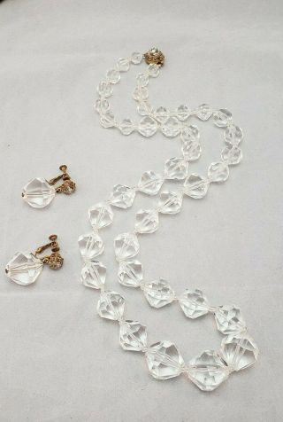 Vintage Miriam Haskell Clear Lucite Graduated Long Beaded Necklace Earring Set