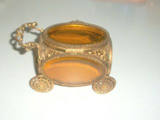 Vintage Ormolu Gold Filigree Carriage Casket Beveled Amber Glass Jewelry Box