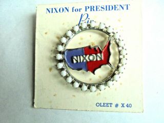 Cool Vintage Richard Nixon For President White Bead & Enamel Pinback Brooch Pin