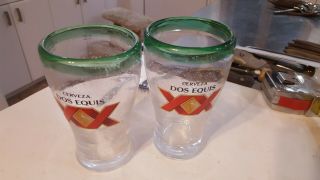 Set Of 2 Dos Equis Xx Mexico Beer Glasses Hand Blown Green Rim